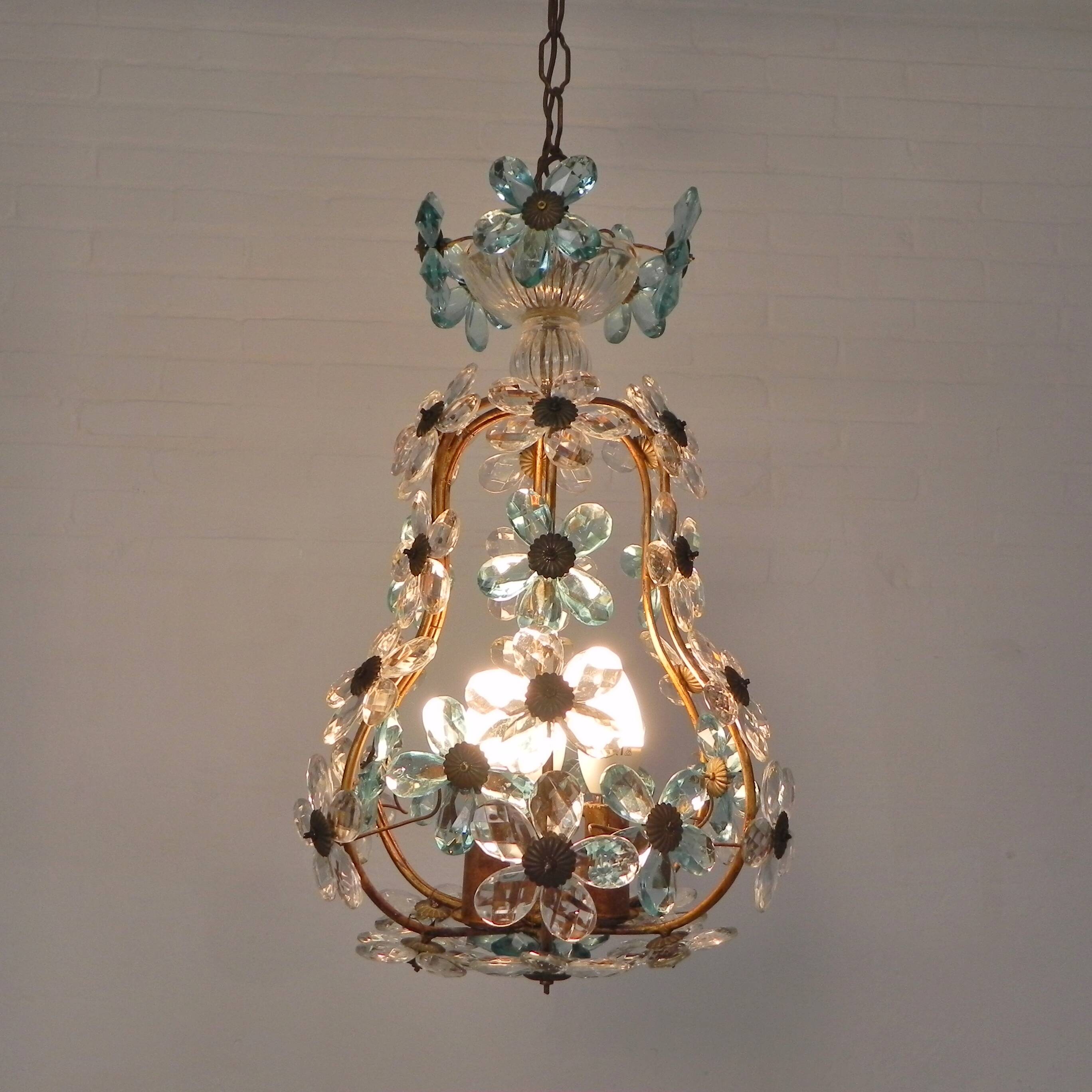 Suspension decorated with 42 blue and clear crystal flowers, Maison Baguès style, 1930s.