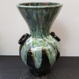 Ancien vase gaubier céramique émaillée noire coulures vert blanc vintage