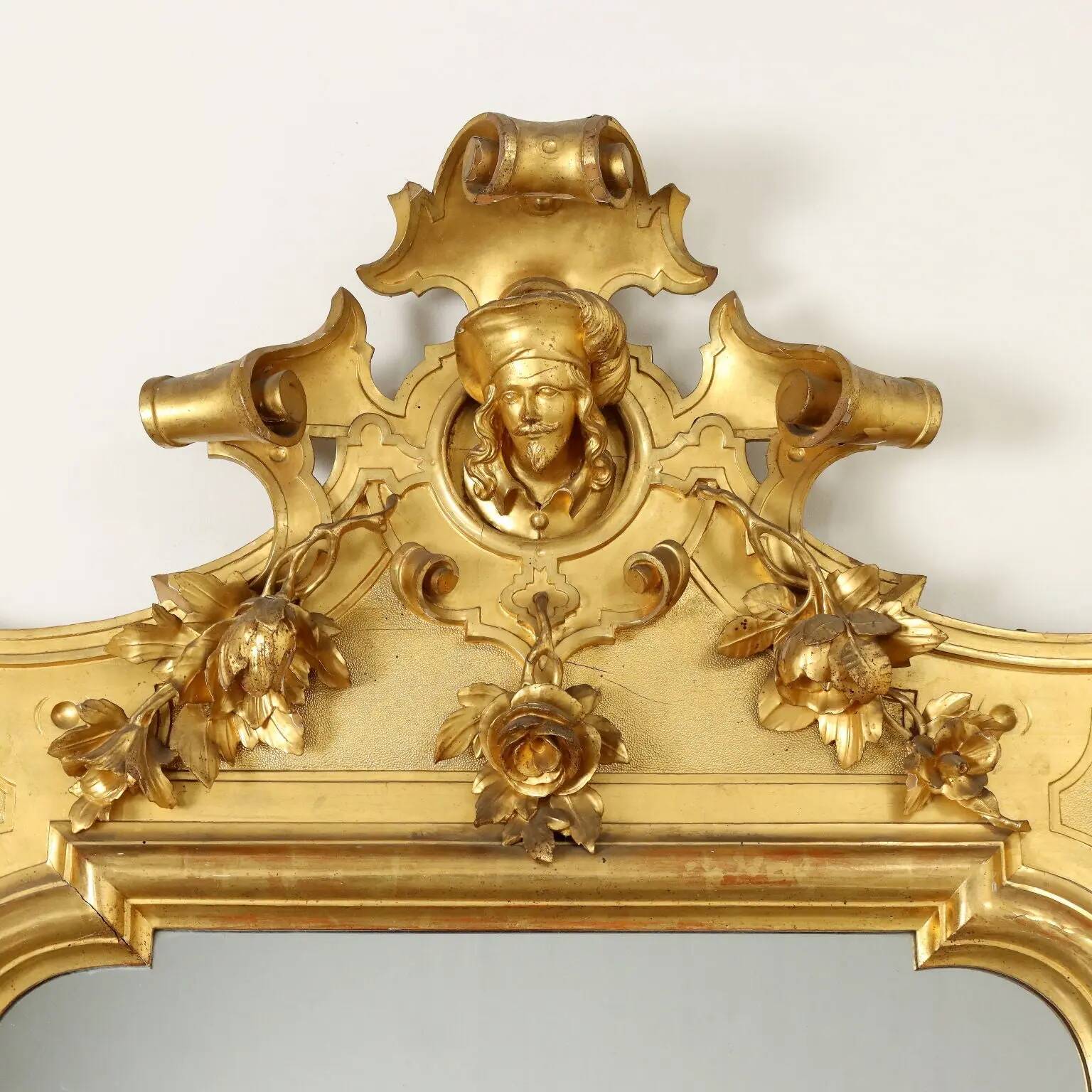 Large antique umber pine mirror from Switzerland, Italy, 19th century.