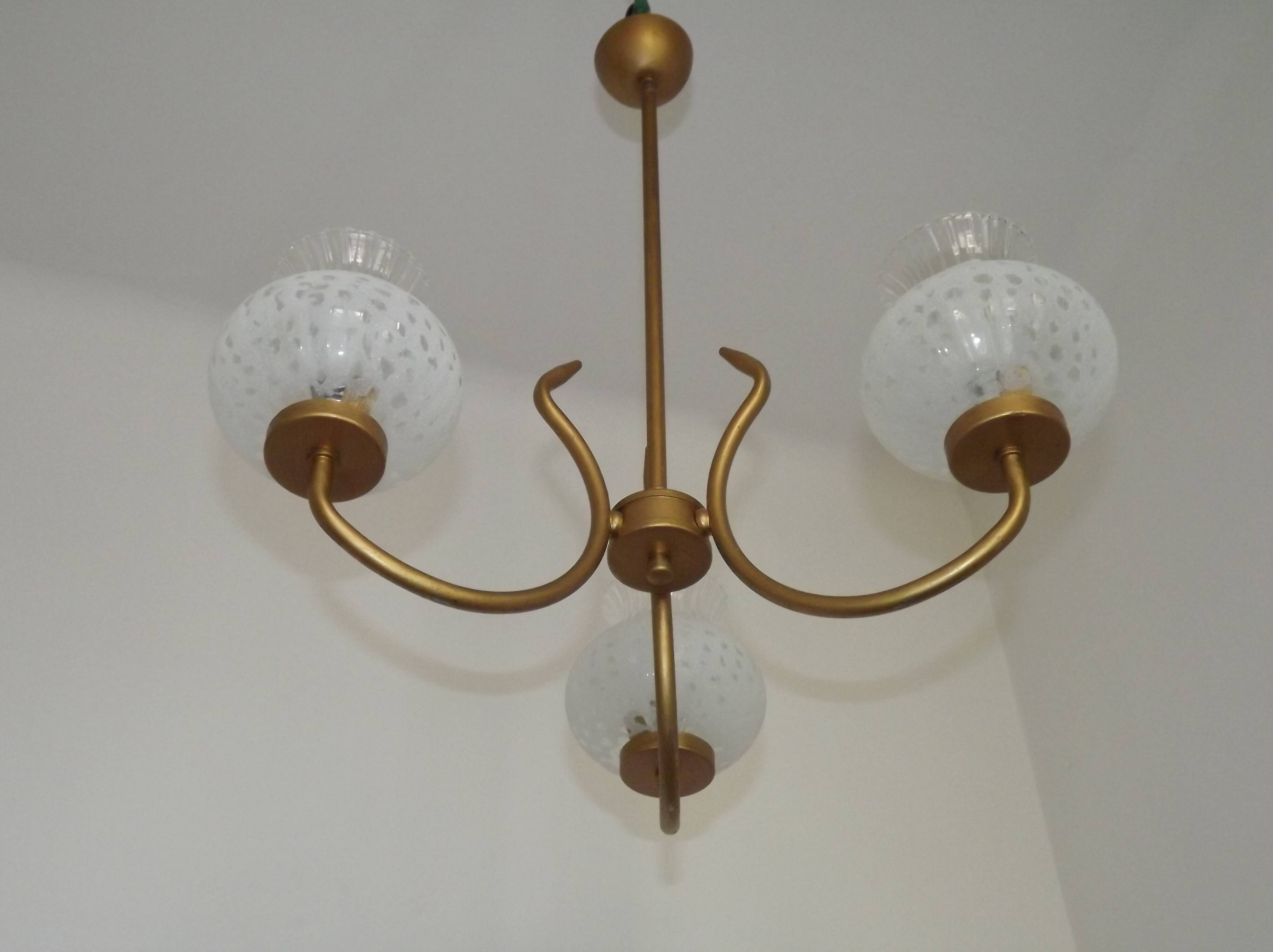 French Mid Century 3 Light Gold Metal Chandelier Textured Glass Shades