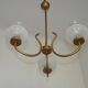 French Mid Century 3 Light Gold Metal Chandelier Textured Glass Shades