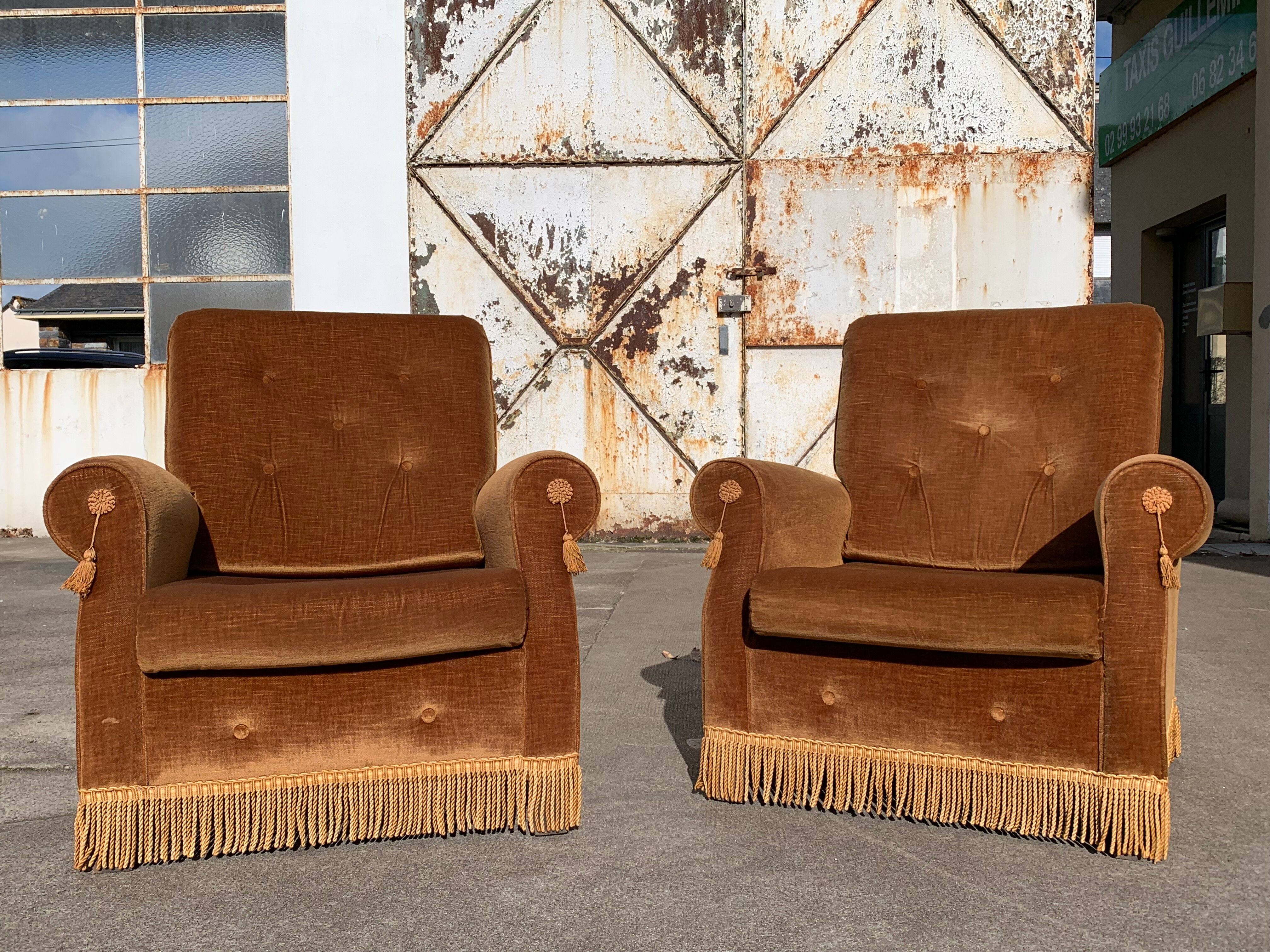 Pair of toad armchairs in old gold velvet
