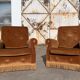 Pair of toad armchairs in old gold velvet