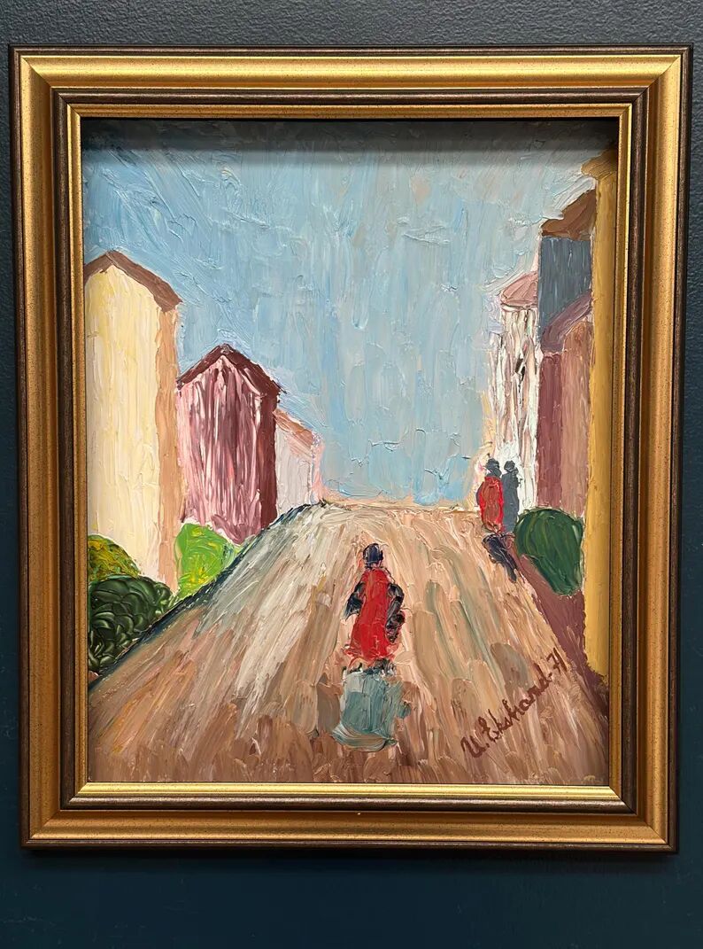 Original Swedish Oil on Panel – “Street Scene” by U. Ekshard – Signed – Dated 1971 – Vintage & Framed