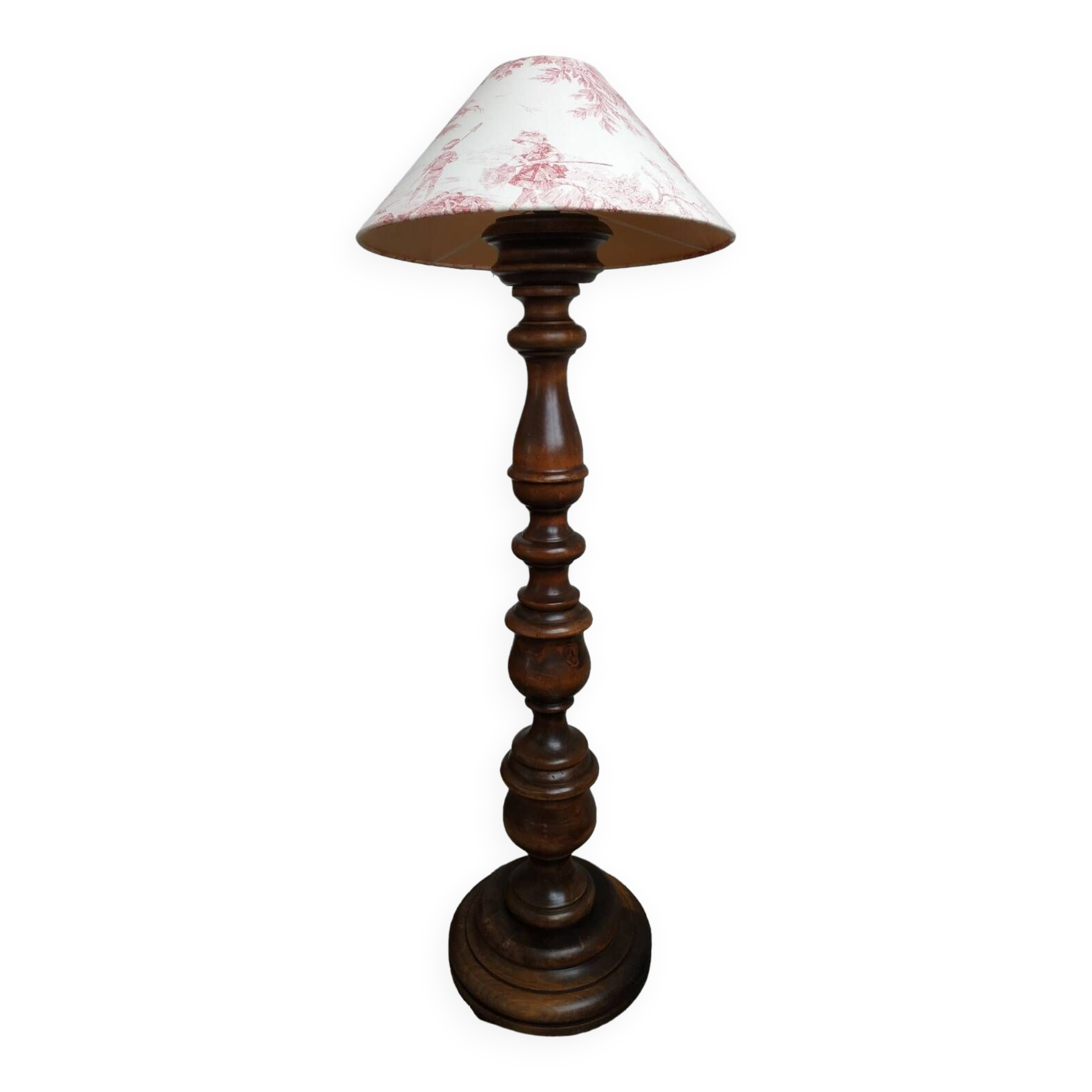 Turned wooden floor lamp