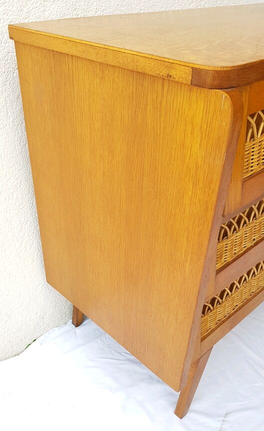 Chest of drawers wood and rattan 60s