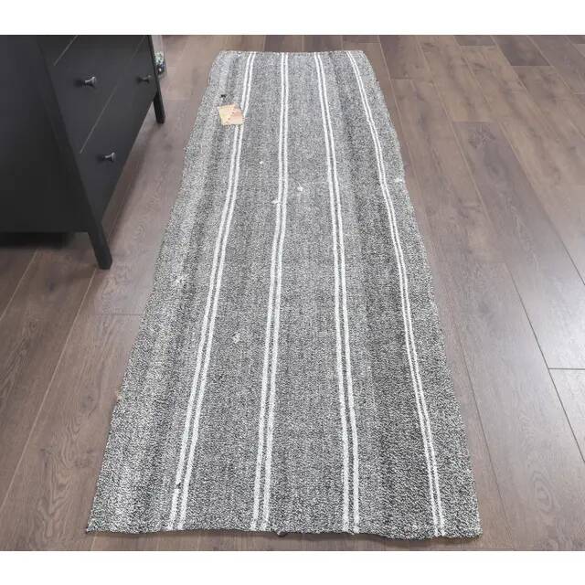 1970s Turkish flatweave handwoven grey white striped kilim rug 72x225