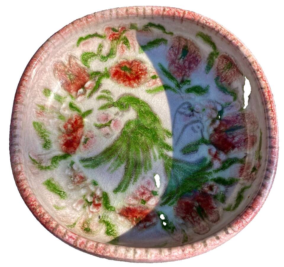 Edouard cazaux cup, firebird decoration on a background of floral seeds,