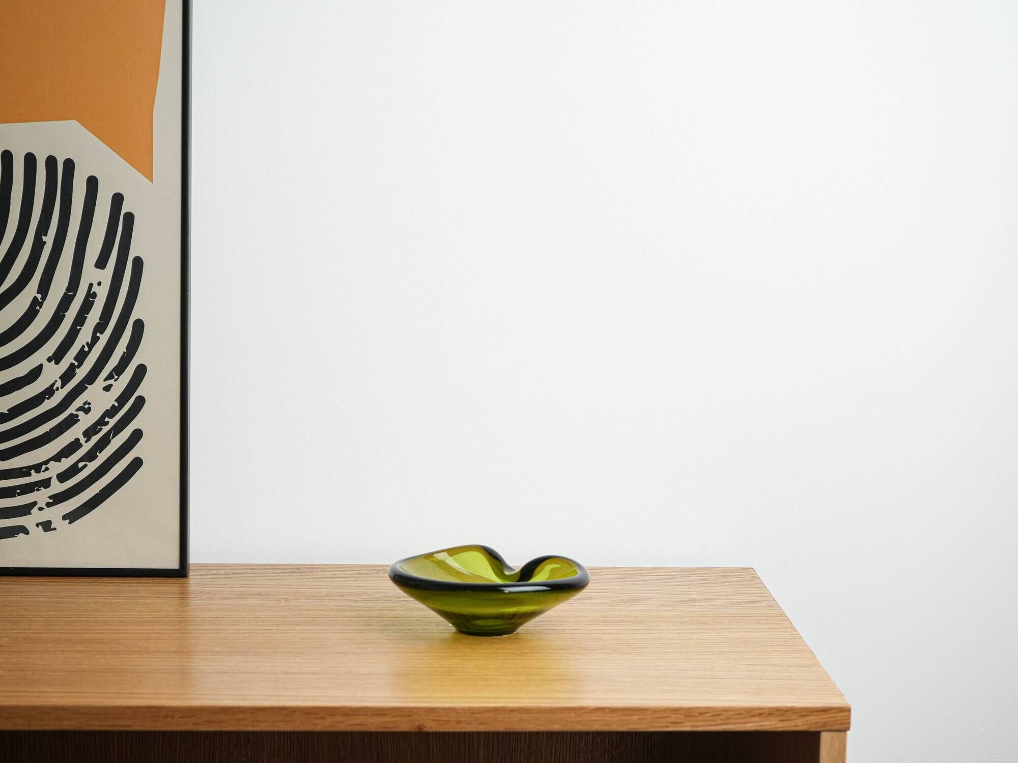 Holmegaard glass platter in olive green, organic form, Danish design, 1970s