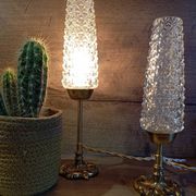Duo of retro 50's bronze table lamps, diamond-tipped glass tube lampshades