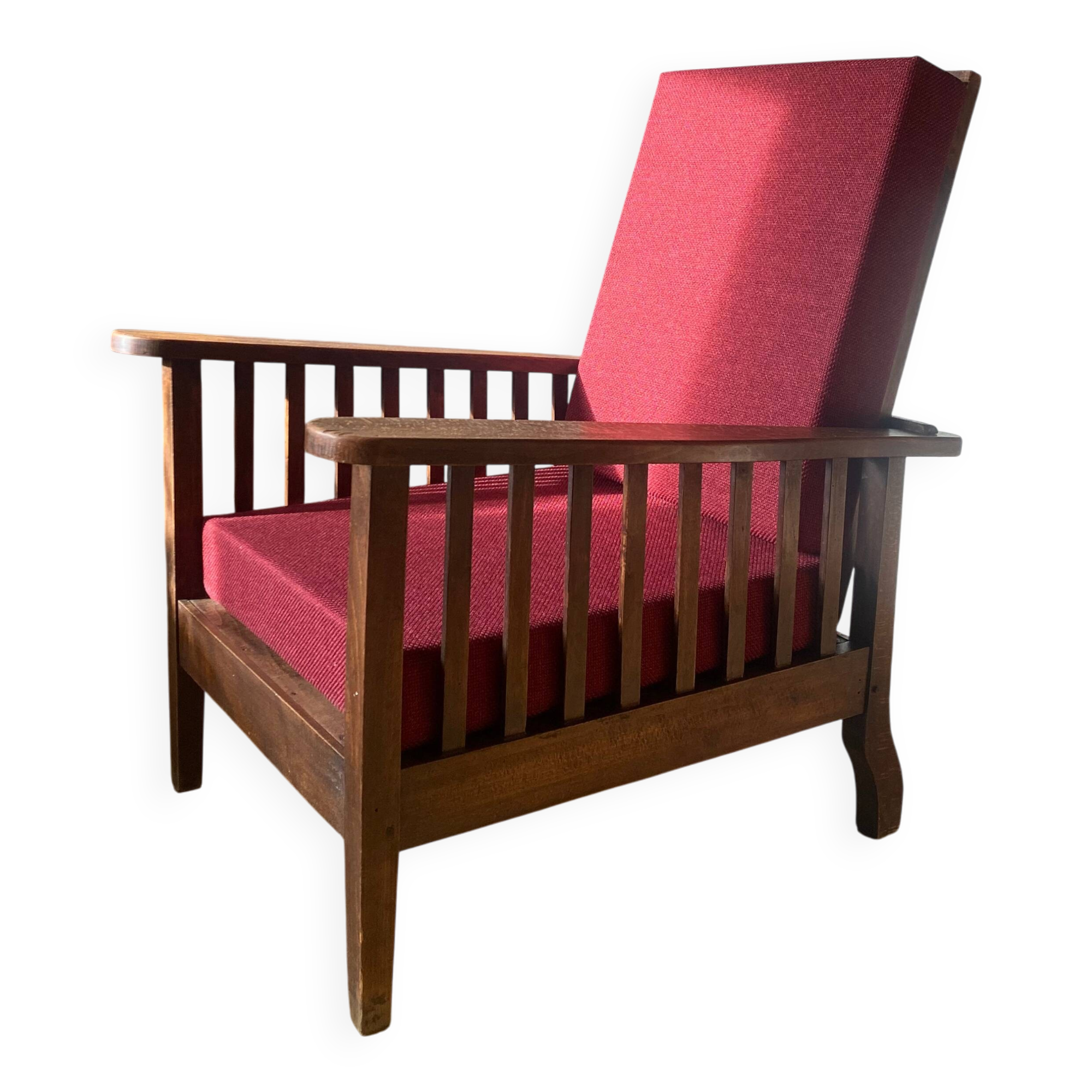 Fauteuil morris bois coussins bordeaux