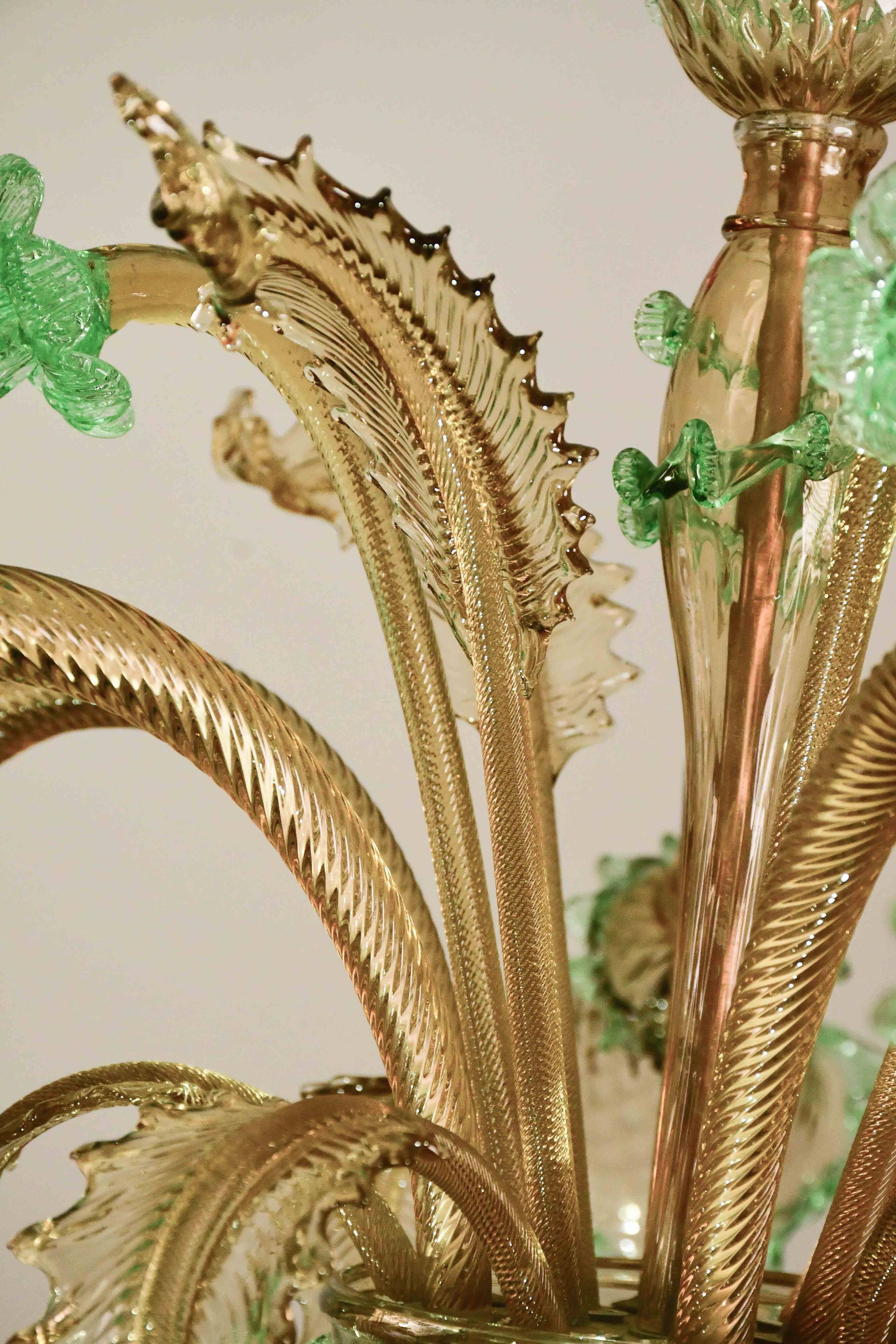 6 arms vintage Venetian chandelier, green Murano glass, 1950s