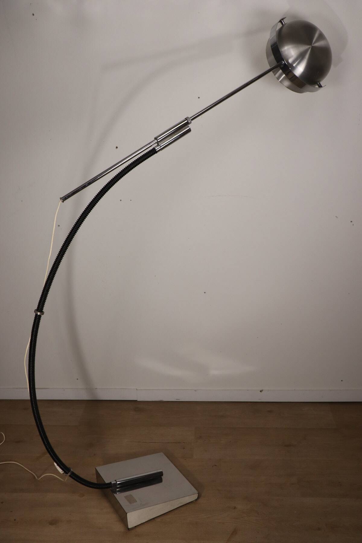 Vintage arc floor lamp with a chrome metal balance, 1970.