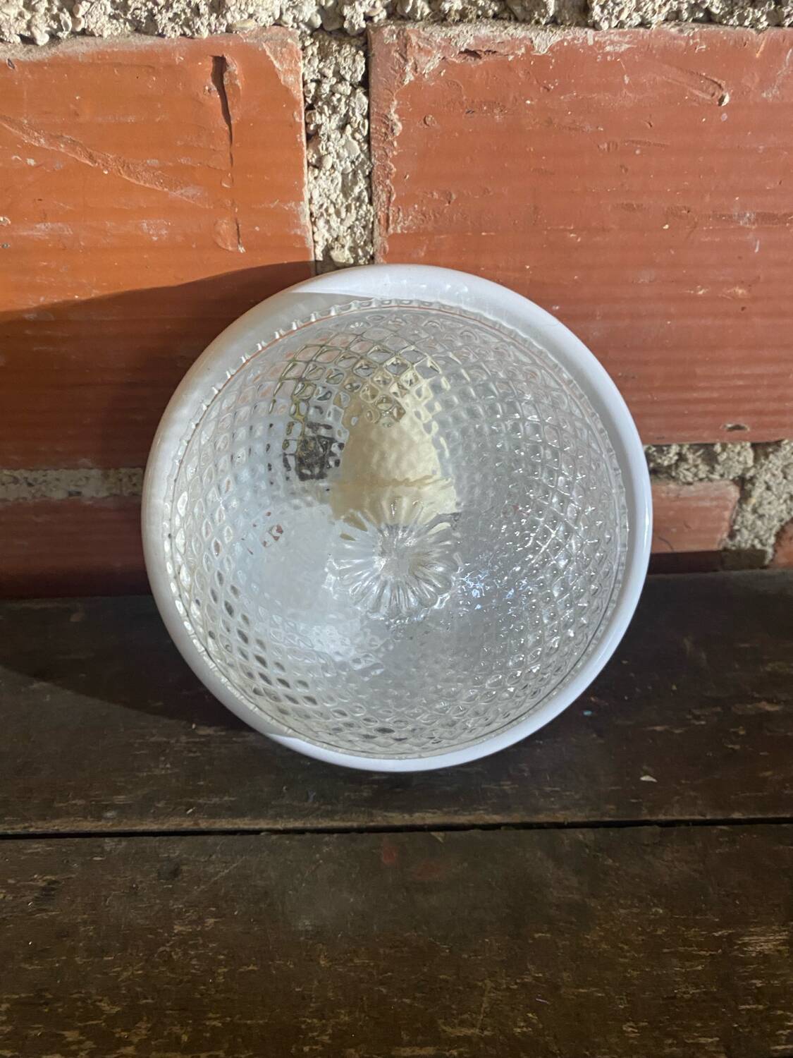 Vintage Round Ceiling Light Moulded Glass + White Metal Surround #D90
