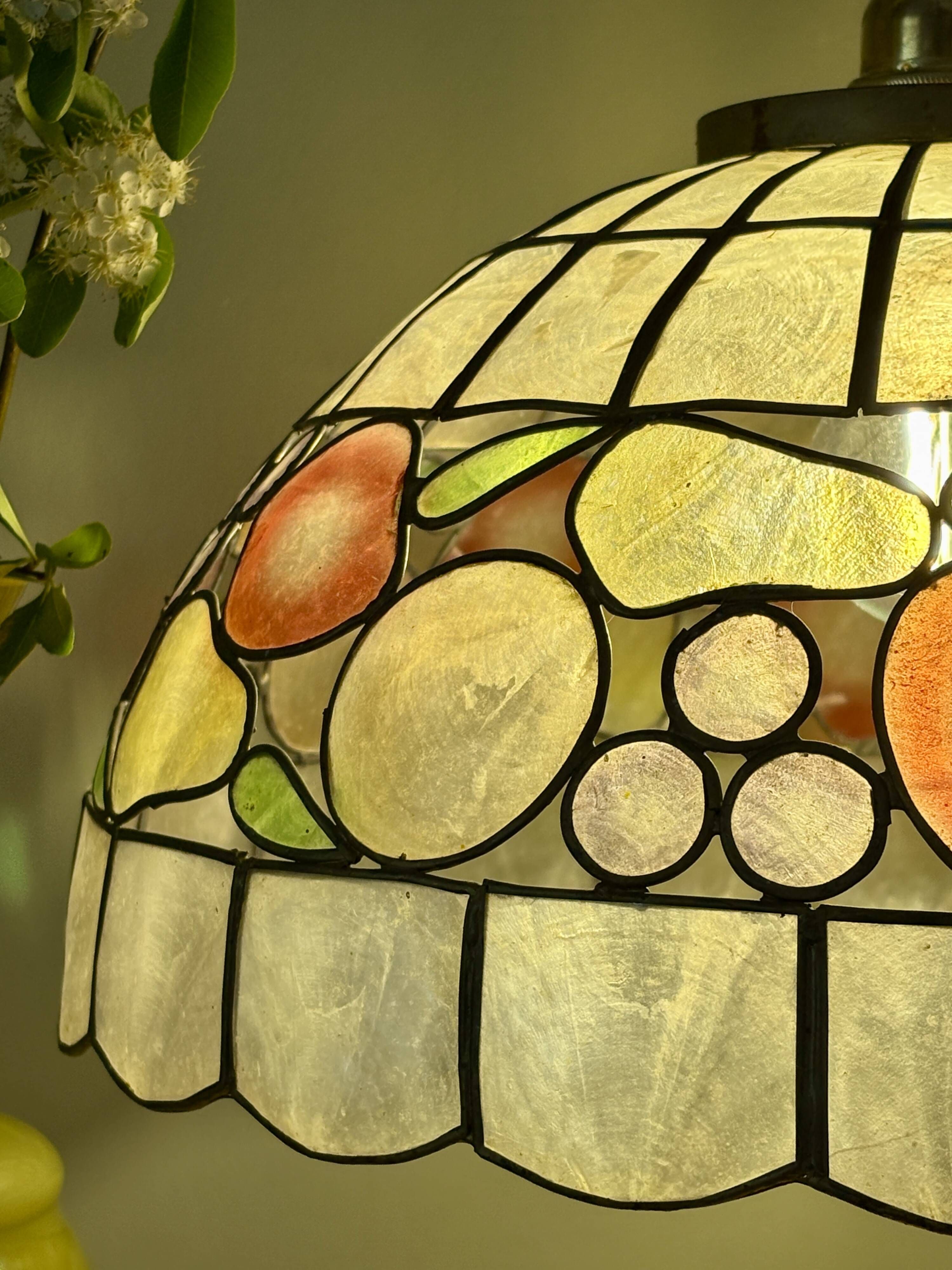 Vintage mother-of-pearl and brass pendant lampshade with fruit decorations