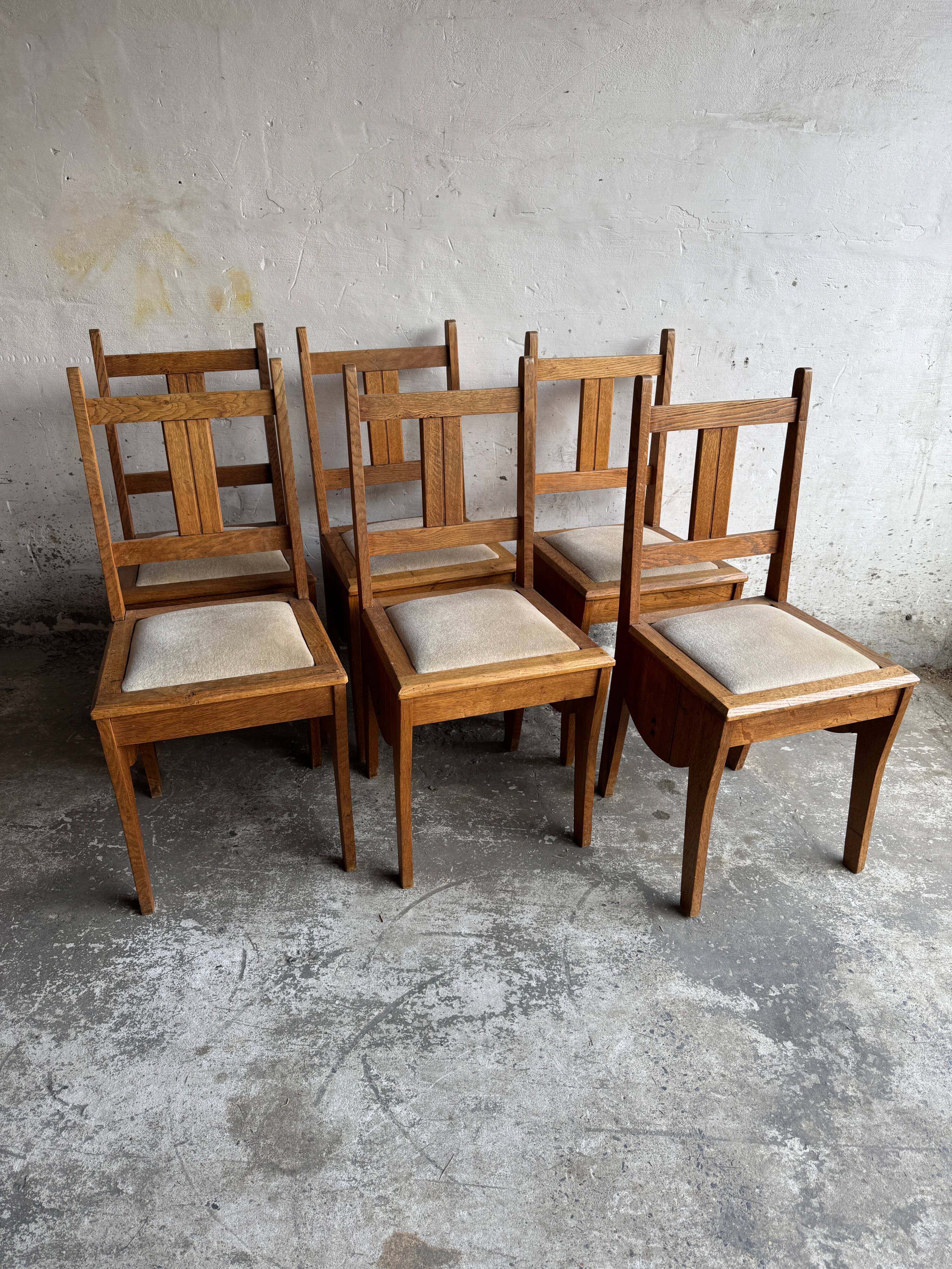 Set of 6 Amsterdamse School Art Deco Dining Chairs, Warm Oak Wood with Beige Upholstery