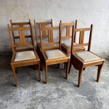 Set of 6 Amsterdamse School Art Deco Dining Chairs, Warm Oak Wood with Beige Upholstery