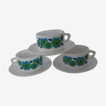 Set de 3 tasses et sous-tasses lotus bleu vert Arcopal France vintage