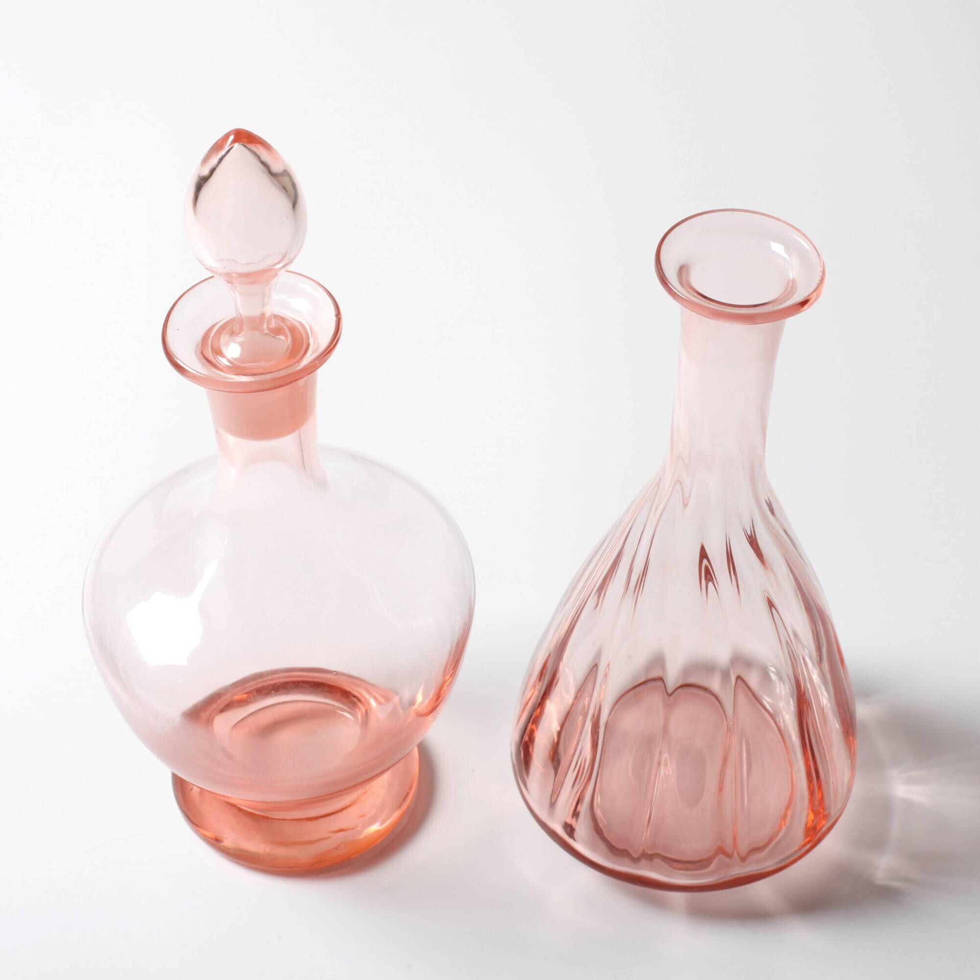 Pair of Rare Vintage Pink Glass Decanters / Empoli / Italy / 1930s