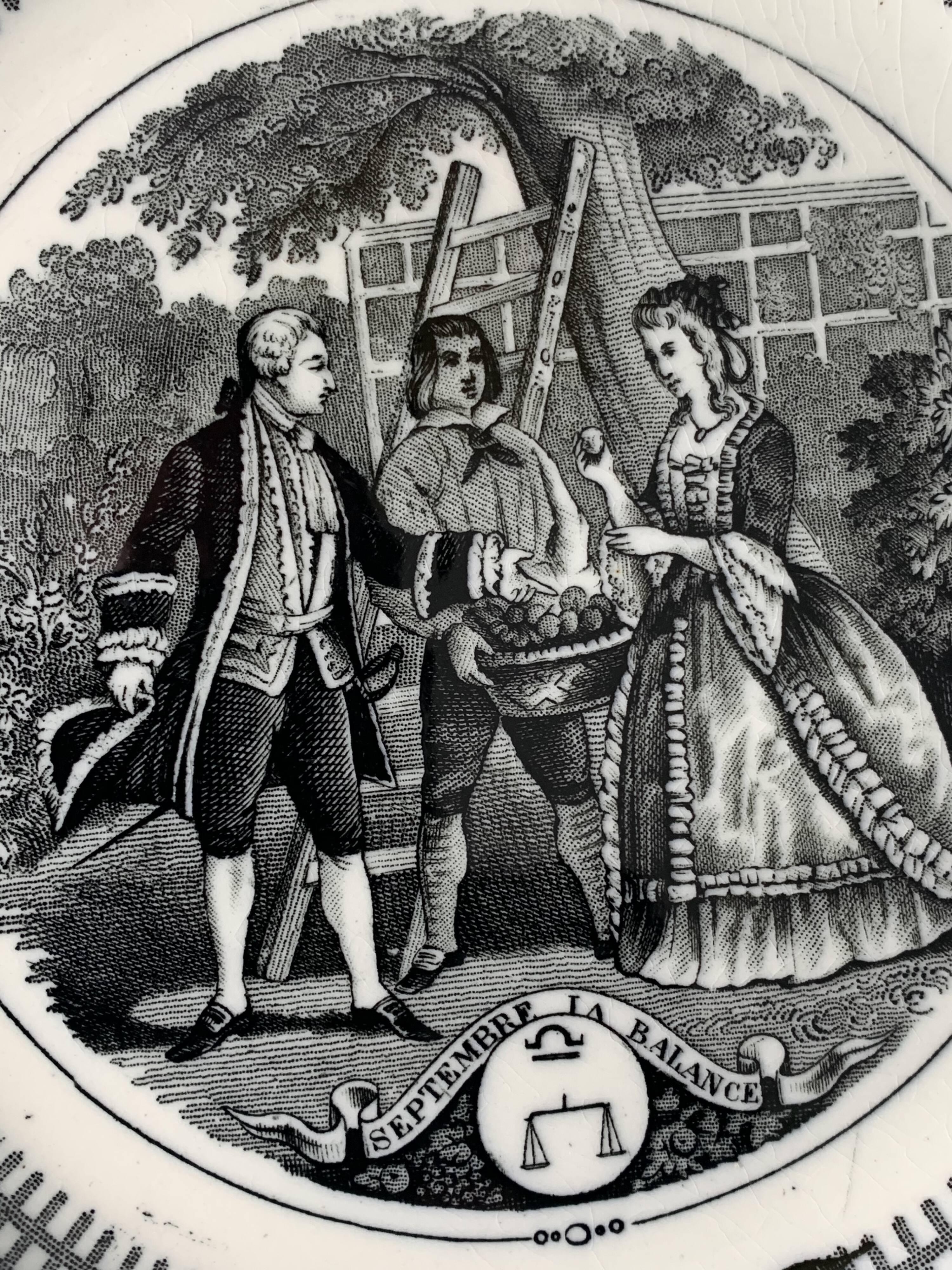 6 black dessert plates Old and Johnston Bordeaux 19th century astrology