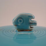 Turquoise blue earthenware candy box decorating stylized frieze fish Art Deco