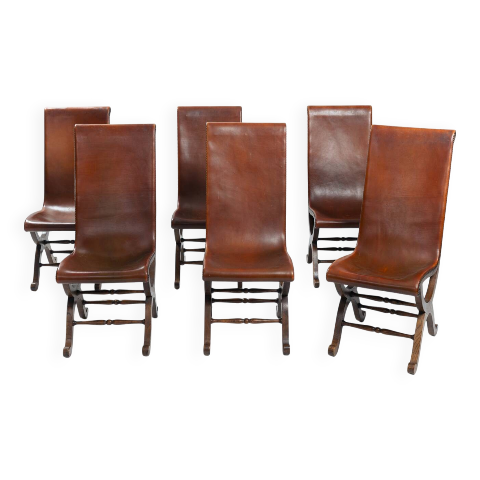 Pierre Lottier brown Spanish leather Slipper chairs by Almazan, 1950s