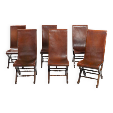 Chaises Slipper en cuir espagnol marron Pierre Lottier par Almazan, années 1950