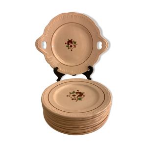 service à dessert art nouveau Longwy, 1 plat et 10 assiettes à dessert rose poudré