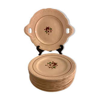 Service à dessert art nouveau Longwy, 1 plat et 10 assiettes à dessert rose poudré