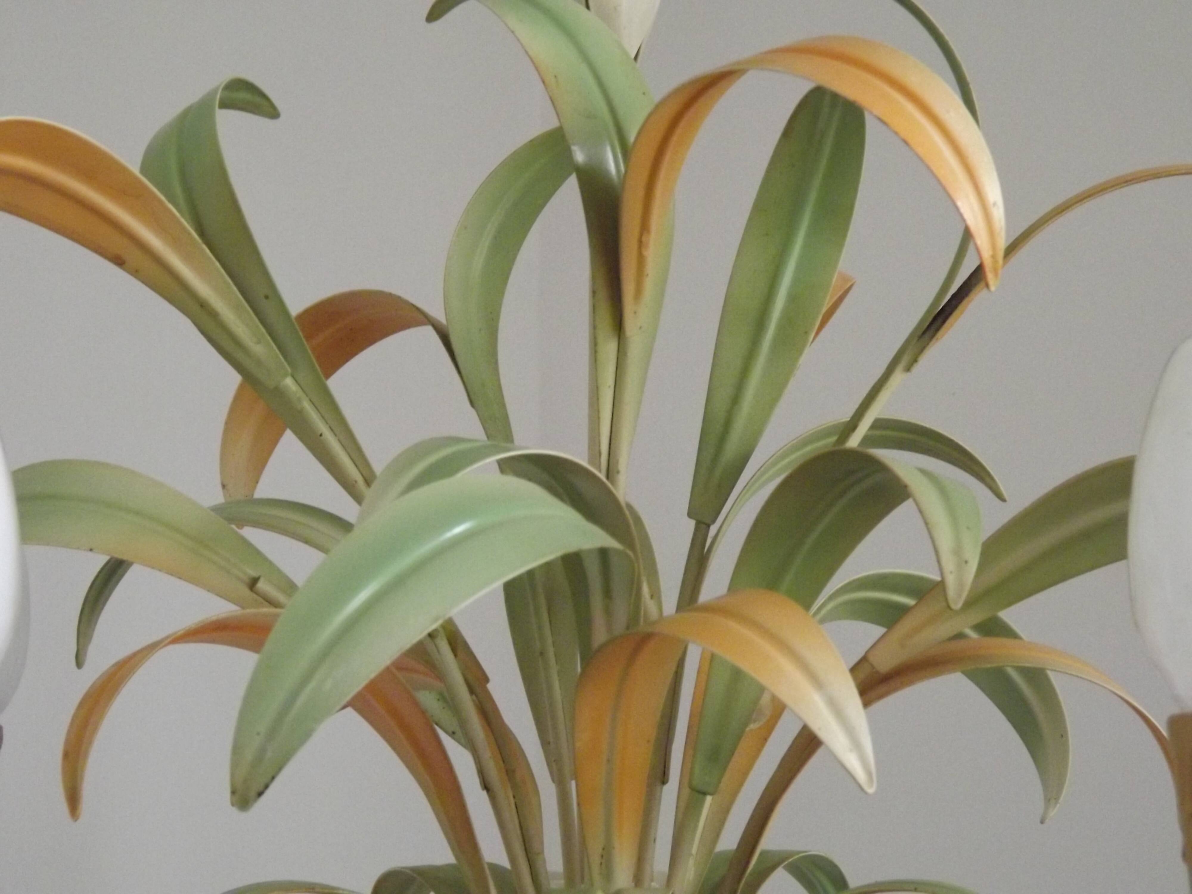French Vintage Cream 5 Light Metal Chandelier Green and Peach Leaves