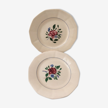 Paire d'assiettes plates anciennes Digoin Sarreguemines fleuries au fond rose