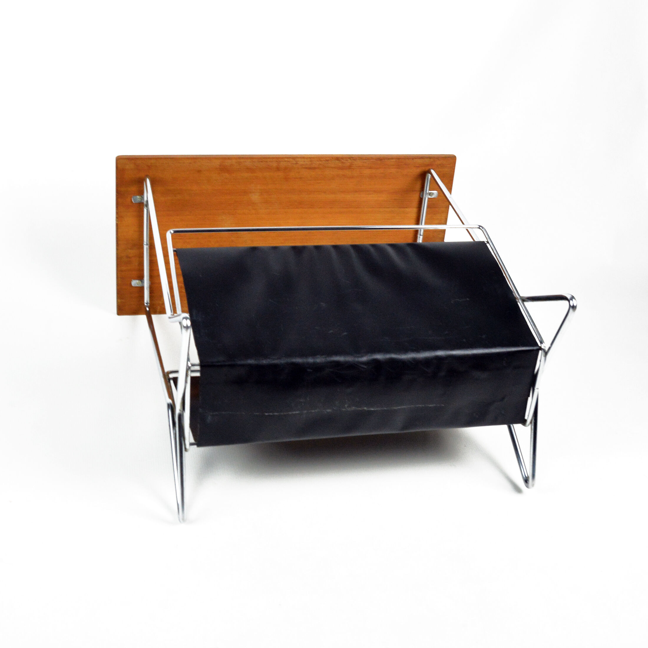 1970s modernist metal newspaper rack with a rosewood top, Sweden