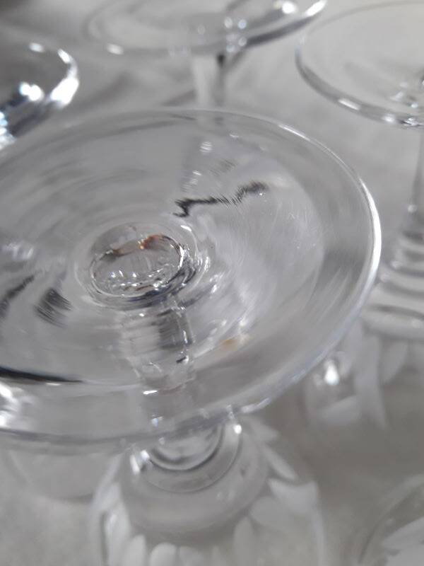 5 small engraved crystal stemmed glasses