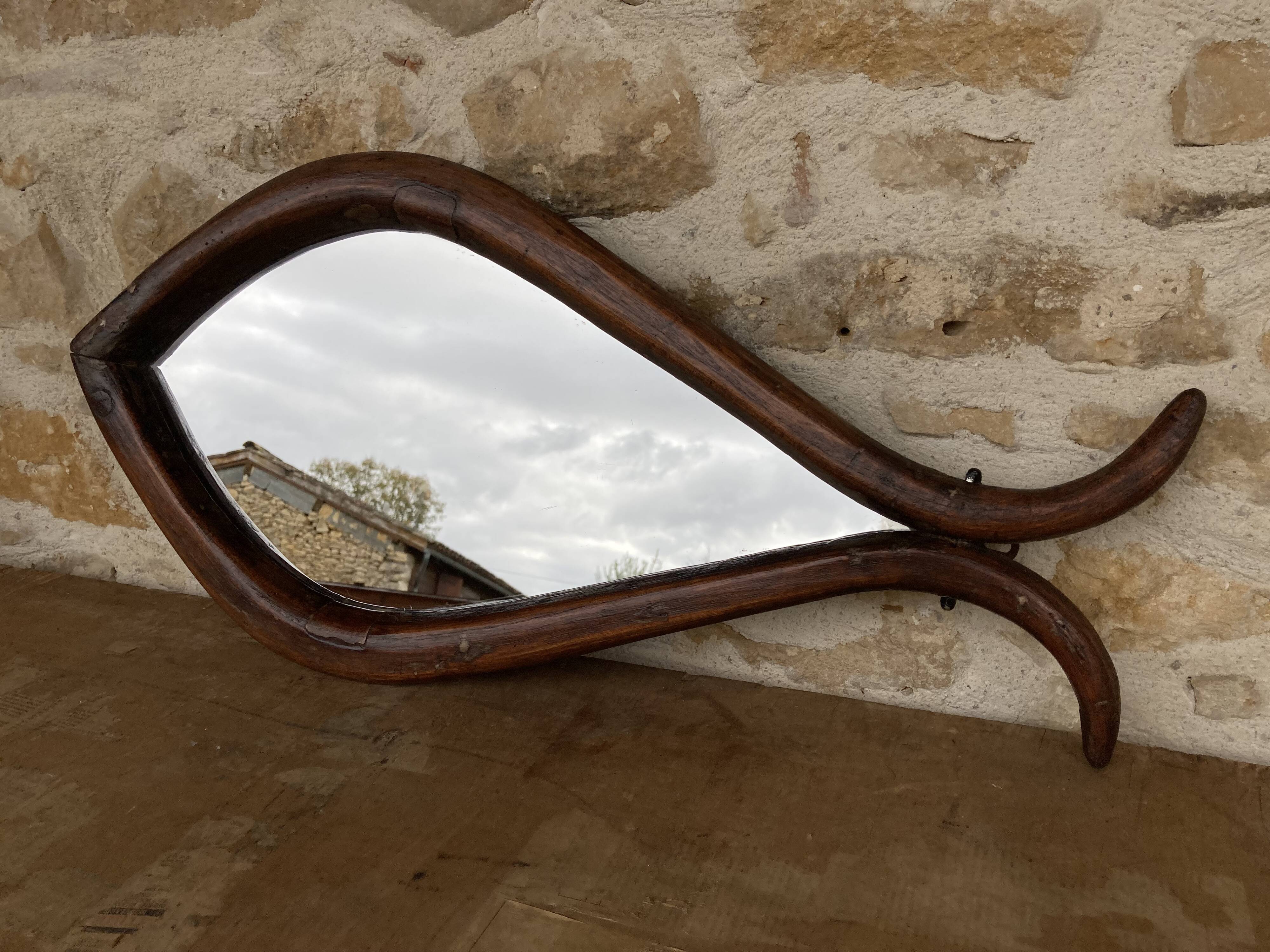 Mirror with fish-shaped wooden frame