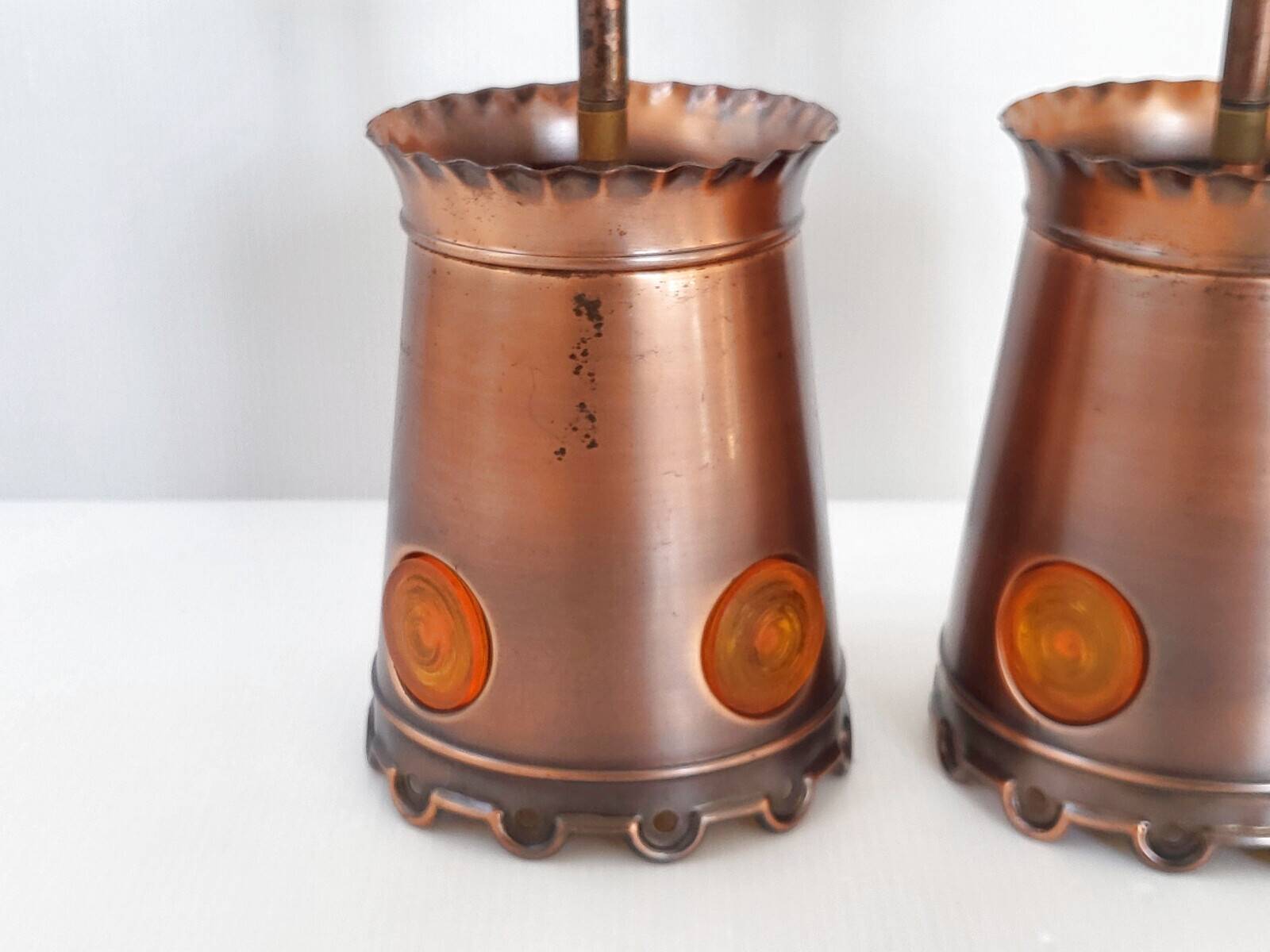 Pair of vintage 1970s brutalist suspensions in copper & orange plastic
