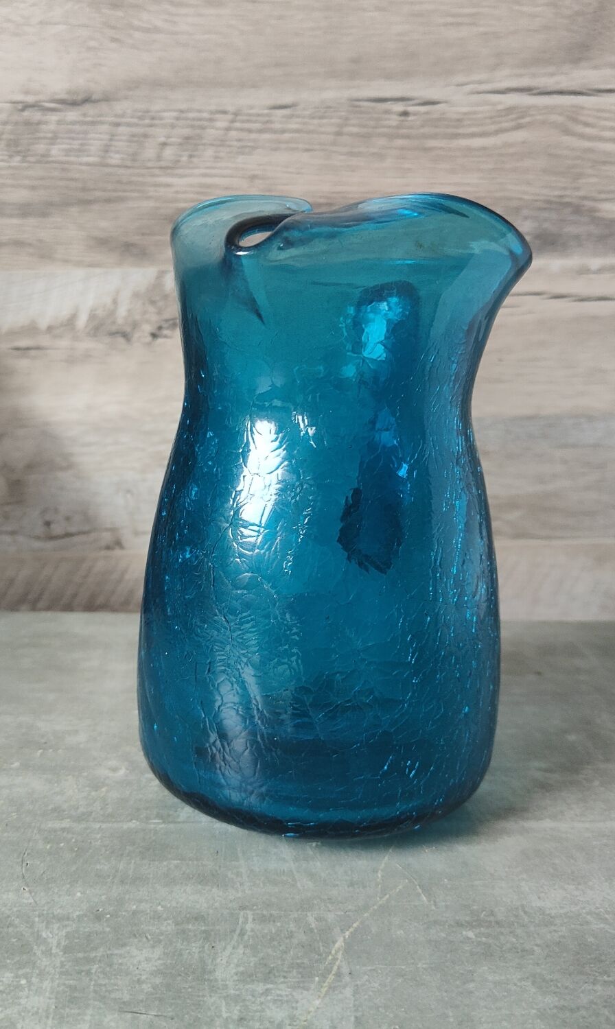 Blue cracked glass pitcher