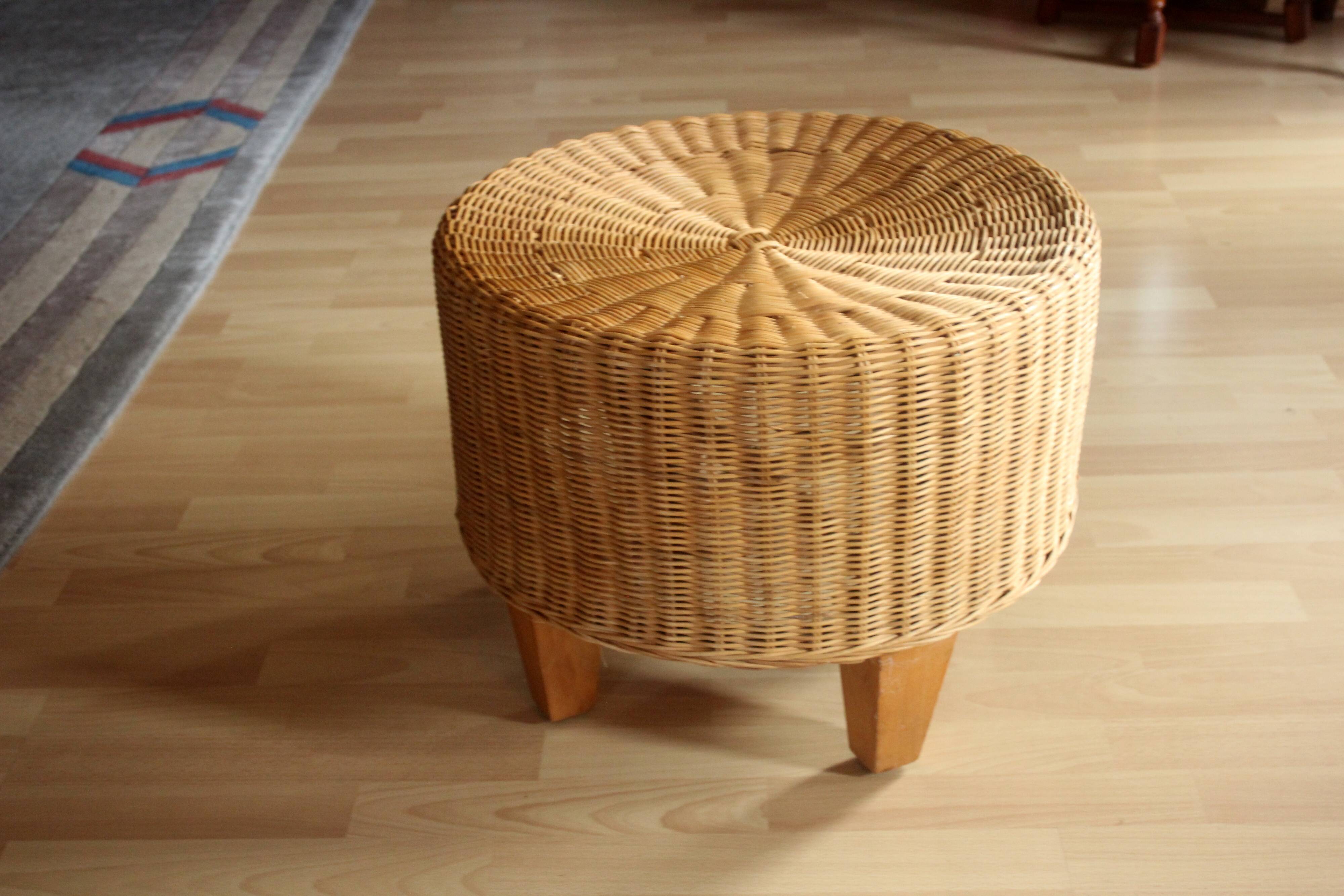 Table d'appoint ronde en rotin, bambou et bois - Vintage