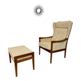 Ancien fauteuil à oreilles avec ottoman design Casala vintage année 70