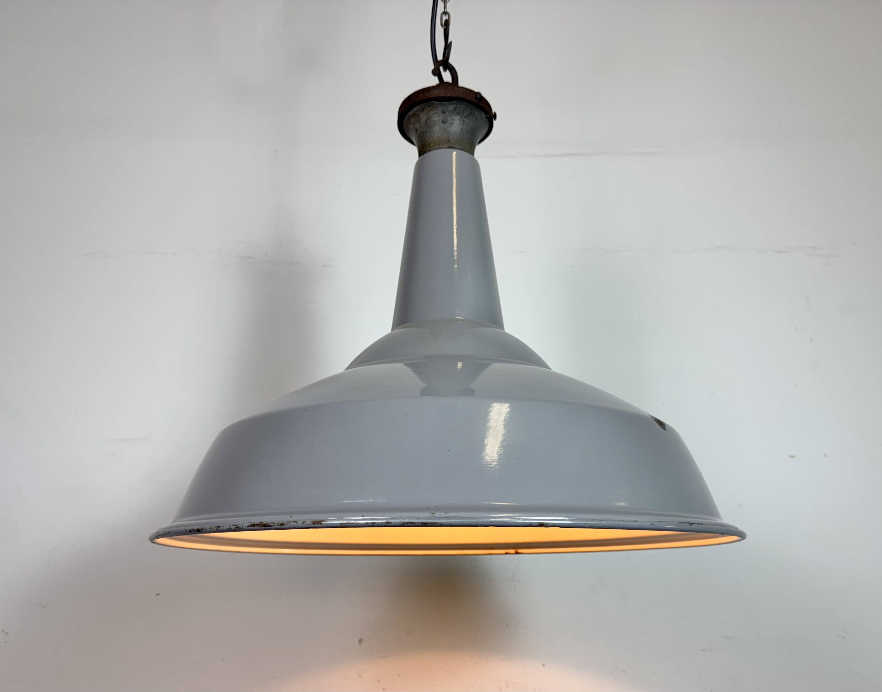 Large Industrial British Grey Enamel Factory Pendant Lamp from Benjamin, 19