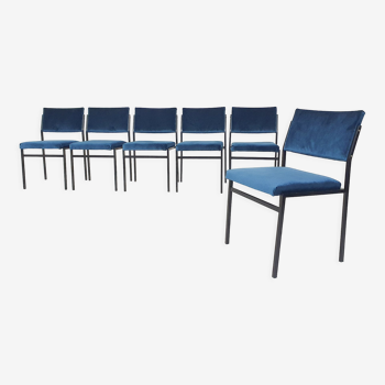 Set of 6 vintage metal stacking chairs in blue velvet The Netherlands 1960's