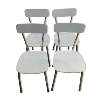 Un lot de Quatre chaises vintage en Formica bleu et piétements chromés Années 1960
