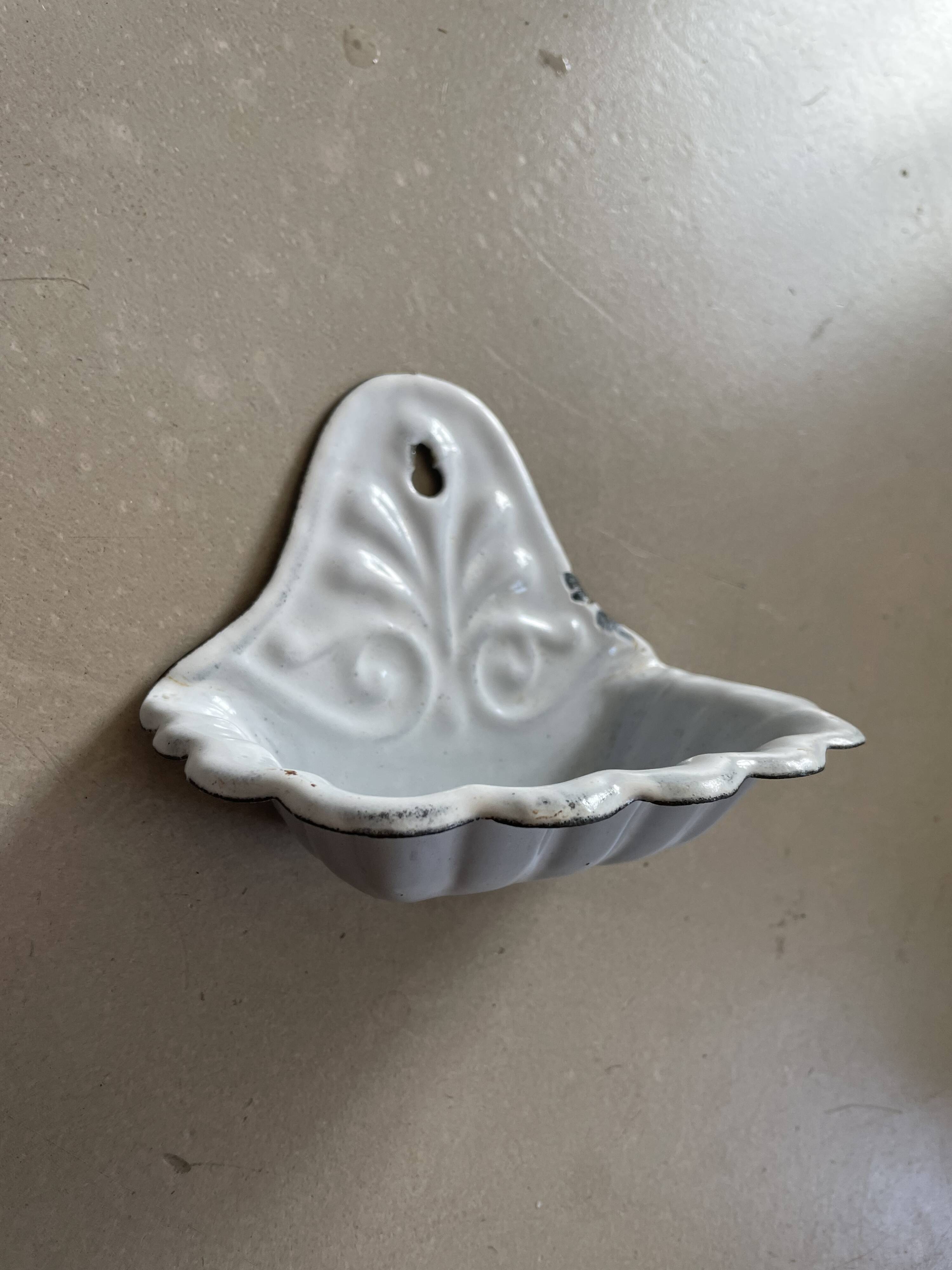 Antique enamelled metal wall mounted soap dish