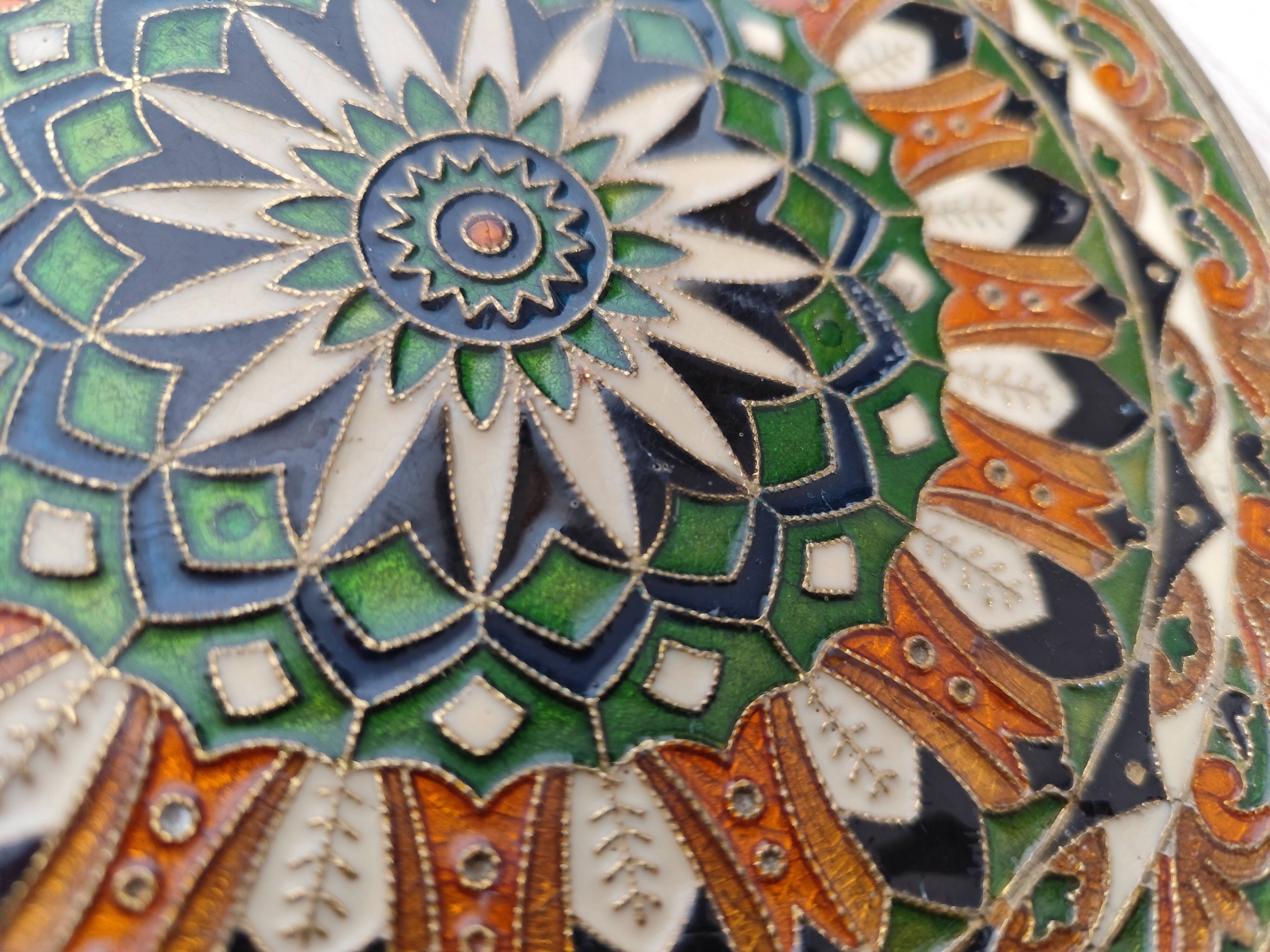 Vintage French decorative plate in brass and mosaic enamel.