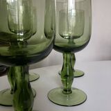 Set of 5 XL tulip-shaped blown rosemary green glasses