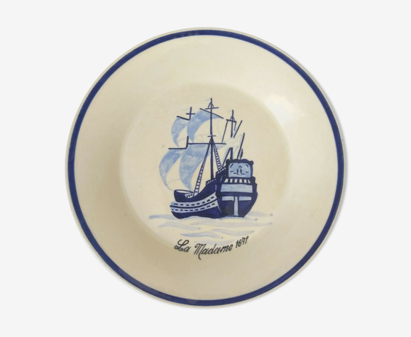 Assiette hb quimper bateau la madame 1678 rv f1 d5589 lisere bleu