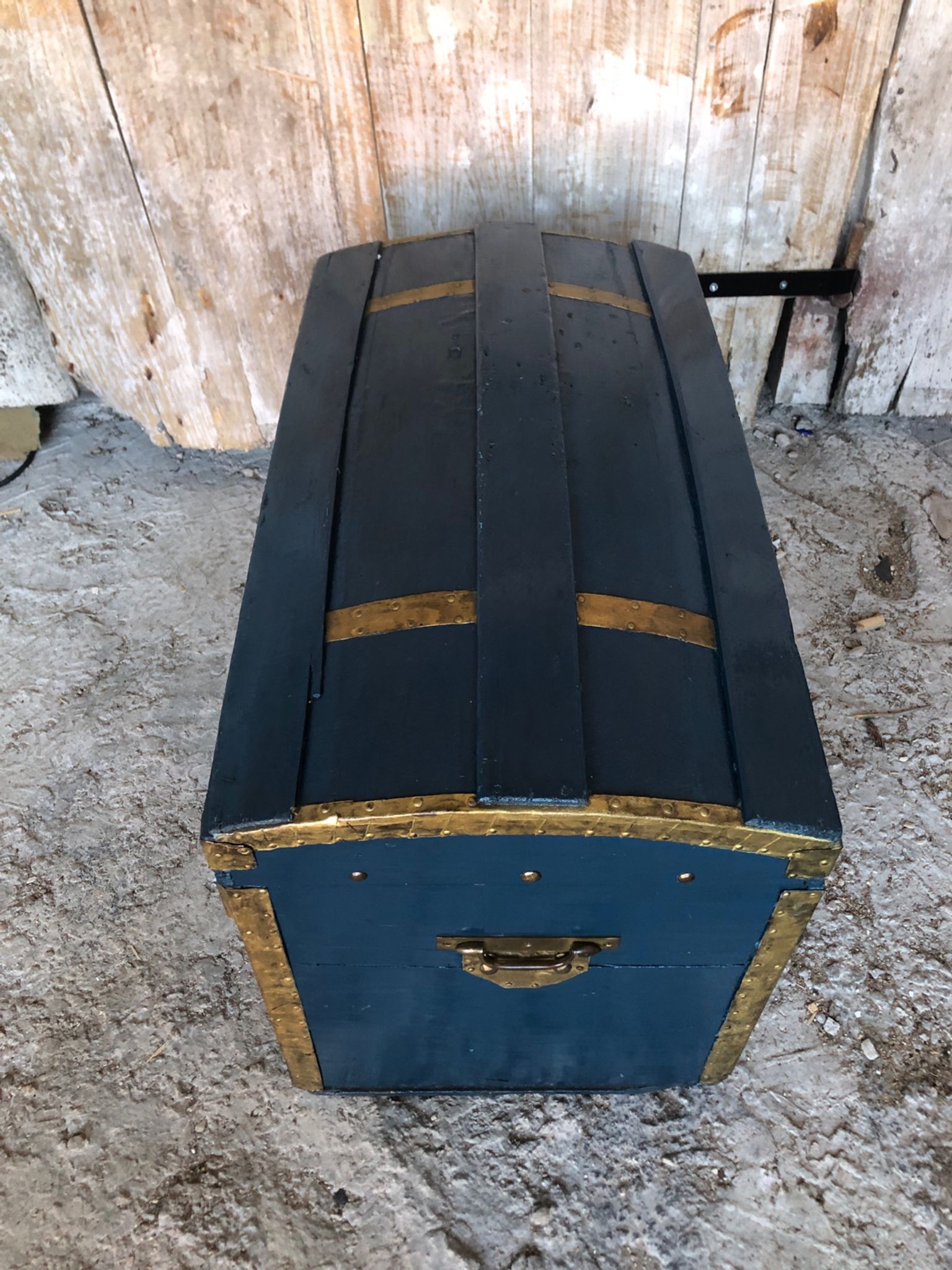 Old vintage blue & gold wood storage chest #a127