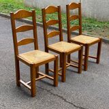 3 chaises bois massif paillées type ferme dossier haut