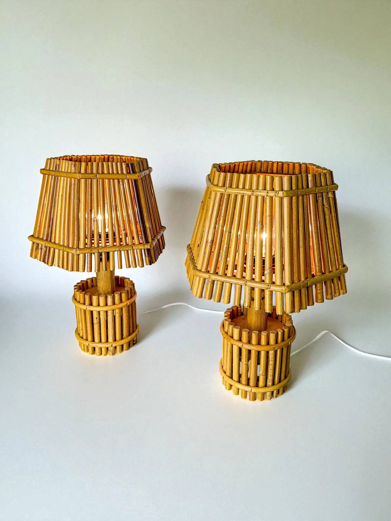 Pair of French Riviera bamboo & rattan table lamps, Louis Sognot's style, 1960s