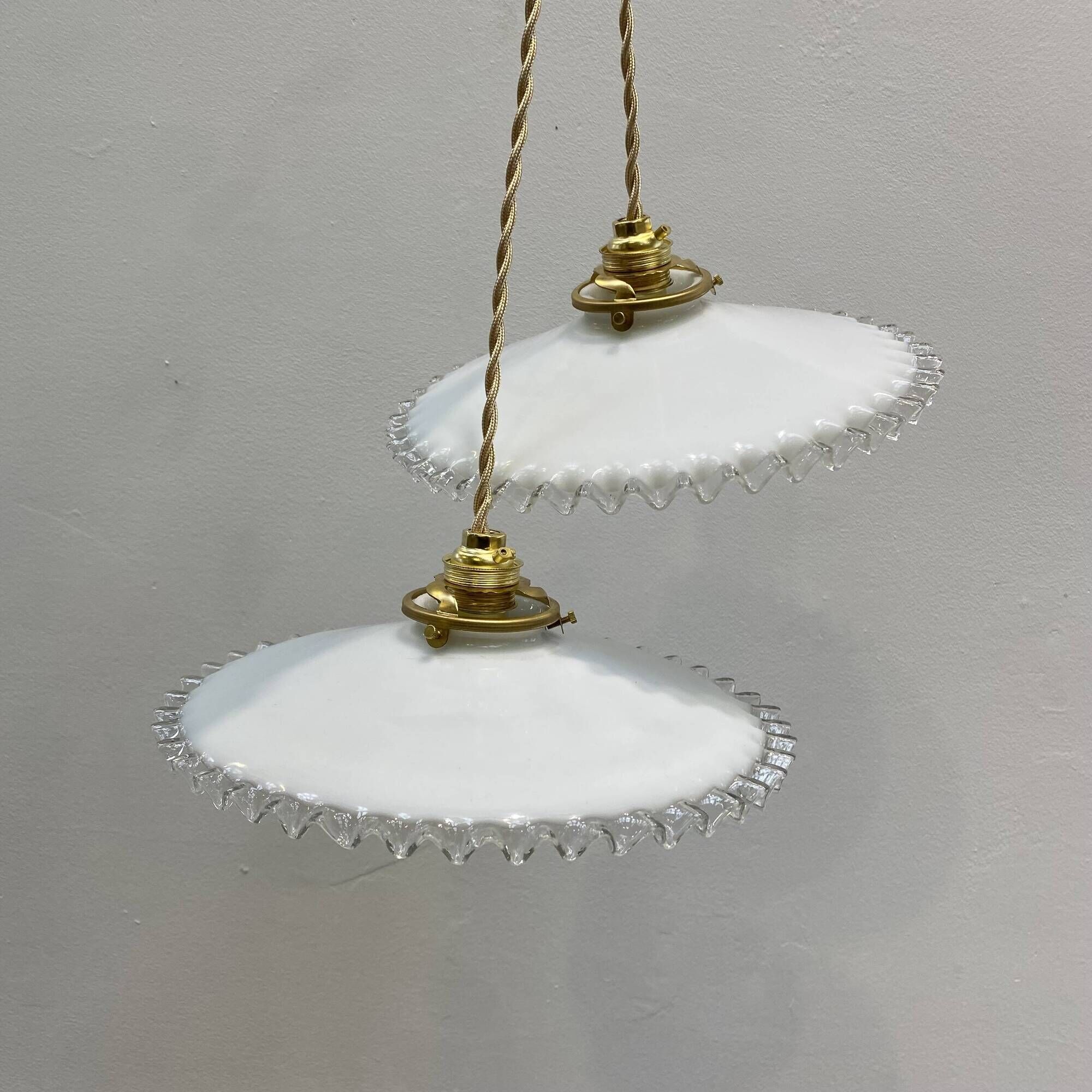 Pair of vintage pendant lights in white opaline and transparent serrated edges