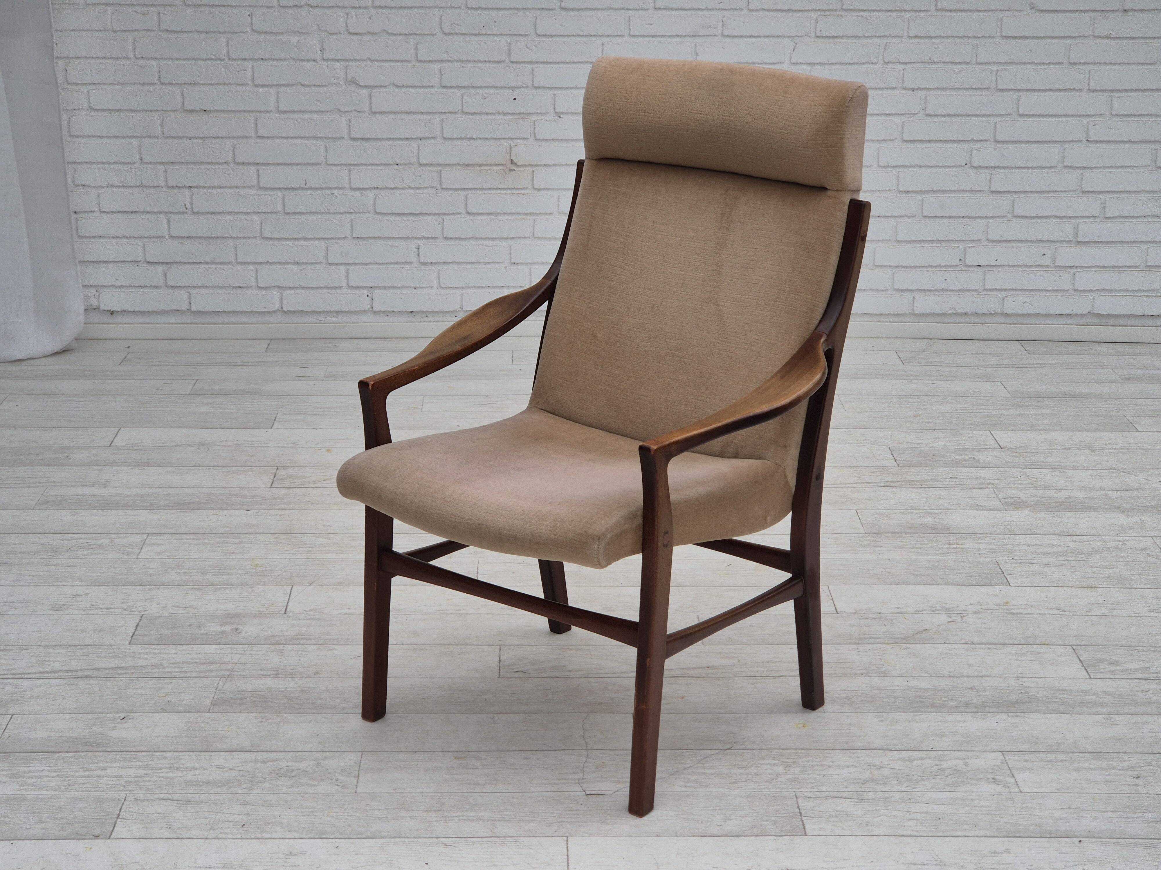 1960s, Scandinavian design, highback armchair, original condition, furniture velour, beech wood.